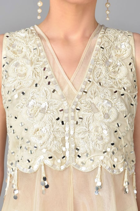 Shop Keith Gomes White Organza, Georgette V Neck Embroidered Kurta And Palazzo Set Online at Aza Fashions Shop_Keith Gomes_White Organza, Georgette V Neck Embroidered Kurta And Palazzo Set_Online_at_Aza_Fashions