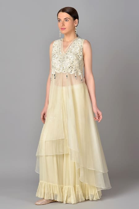 Buy_Keith Gomes_White Organza, Georgette V Neck Embroidered Kurta And Palazzo Set_Online_at_Aza_Fashions