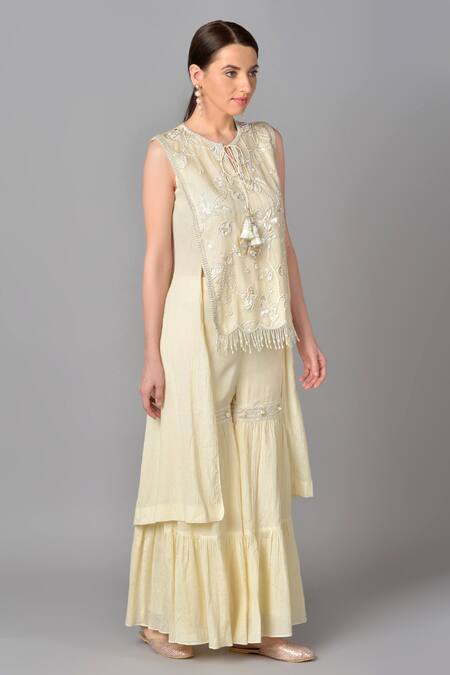 Keith Gomes_White Cotton Chiffon Round Embroidered Kurta And Sharara Set _Online_at_Aza_Fashions