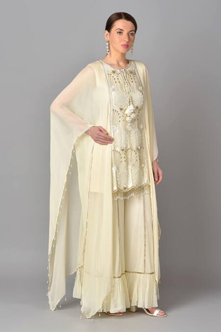 Keith Gomes_White Georgette Round Embroidered Tunic And Palazzo Set_Online_at_Aza_Fashions