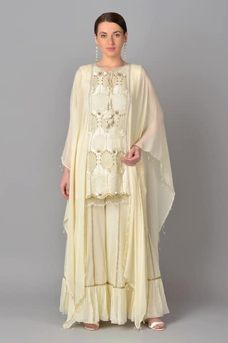 Buy_Keith Gomes_White Georgette Round Embroidered Tunic And Palazzo Set_Online_at_Aza_Fashions