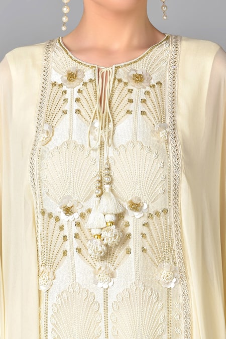 Shop_Keith Gomes_White Georgette Round Embroidered Tunic And Palazzo Set_Online_at_Aza_Fashions