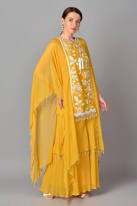 Keith Gomes_Yellow Georgette Round Embroidered Tunic And Palazzo Set_Online_at_Aza_Fashions