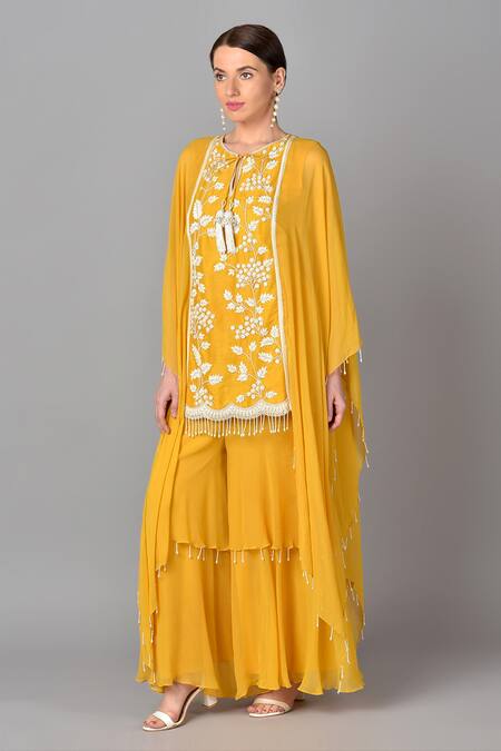 Buy_Keith Gomes_Yellow Georgette Round Embroidered Tunic And Palazzo Set_Online_at_Aza_Fashions