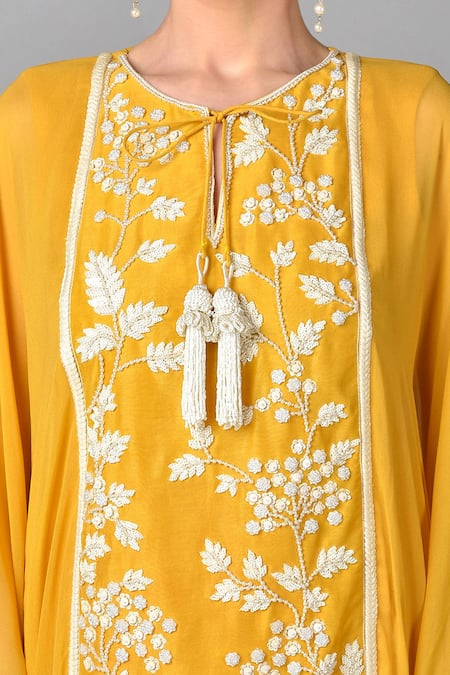 Shop_Keith Gomes_Yellow Georgette Round Embroidered Tunic And Palazzo Set_Online_at_Aza_Fashions
