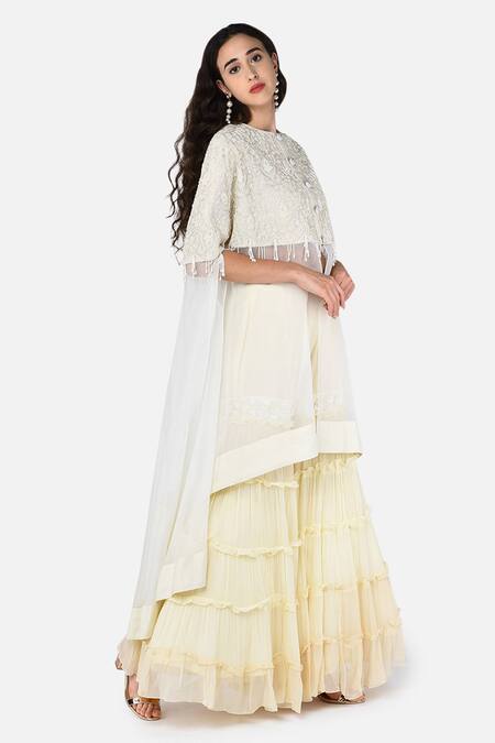 Keith Gomes_White Organza, Georgette, Chanderi Silk Round Embroidered Cape And Palazzo Set _Online_at_Aza_Fashions