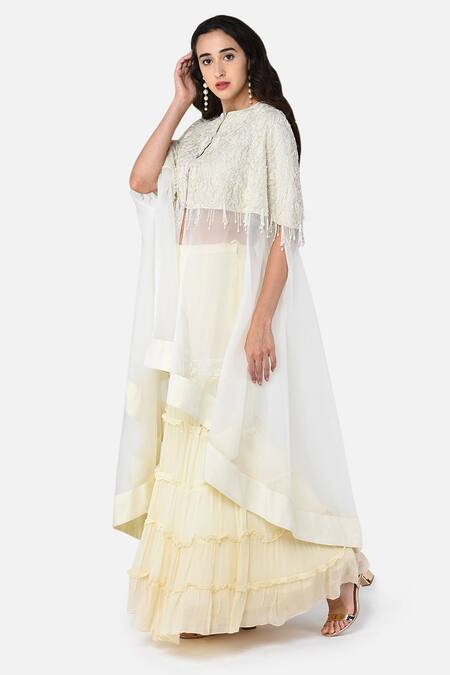 Buy_Keith Gomes_White Organza, Georgette, Chanderi Silk Round Embroidered Cape And Palazzo Set _Online_at_Aza_Fashions