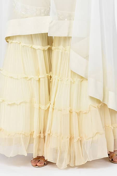 Shop_Keith Gomes_White Organza, Georgette, Chanderi Silk Round Embroidered Cape And Palazzo Set _Online_at_Aza_Fashions