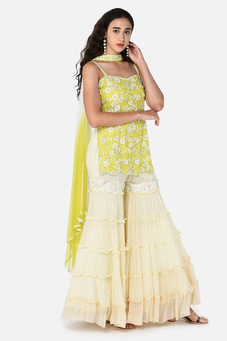 Keith Gomes White Net, Georgette Sweetheart Neck Embroidered Kurta Sharara Set Online at Aza Fashions Keith Gomes_White Net, Georgette Sweetheart Neck Embroidered Kurta Sharara Set _Online_at_Aza_Fashions