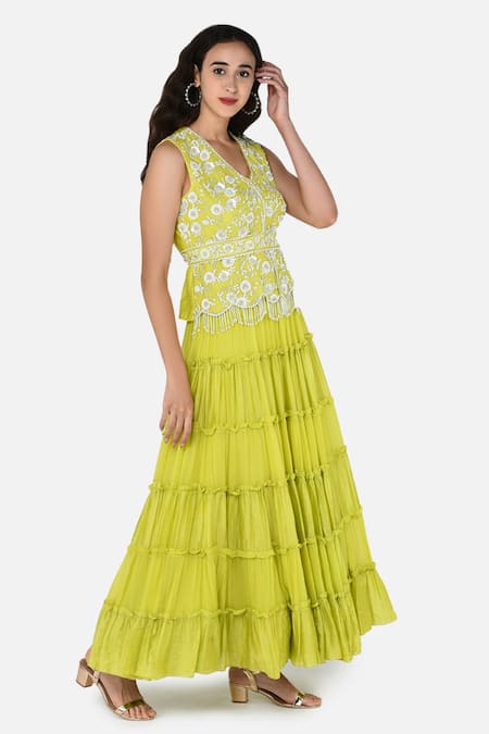 Keith Gomes_Green Georgette, Chanderi Silk V Neck Embroidered Lehenga And Kurta Set_Online_at_Aza_Fashions