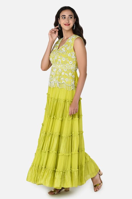 Buy_Keith Gomes_Green Georgette, Chanderi Silk V Neck Embroidered Lehenga And Kurta Set_Online_at_Aza_Fashions