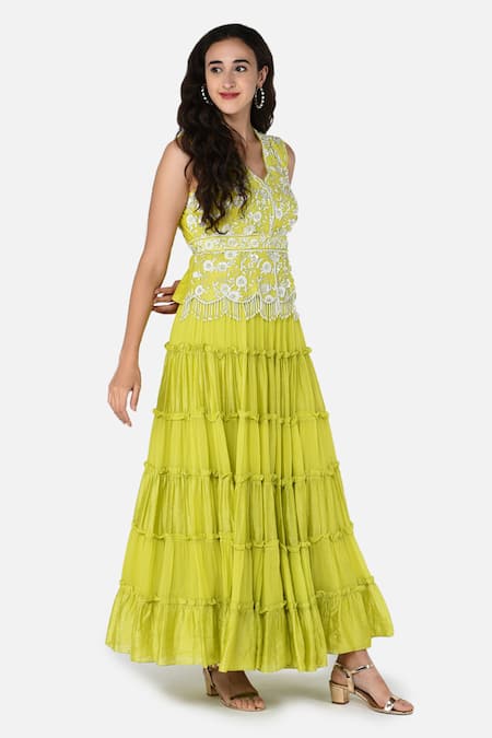 Shop_Keith Gomes_Green Georgette, Chanderi Silk V Neck Embroidered Lehenga And Kurta Set_Online_at_Aza_Fashions