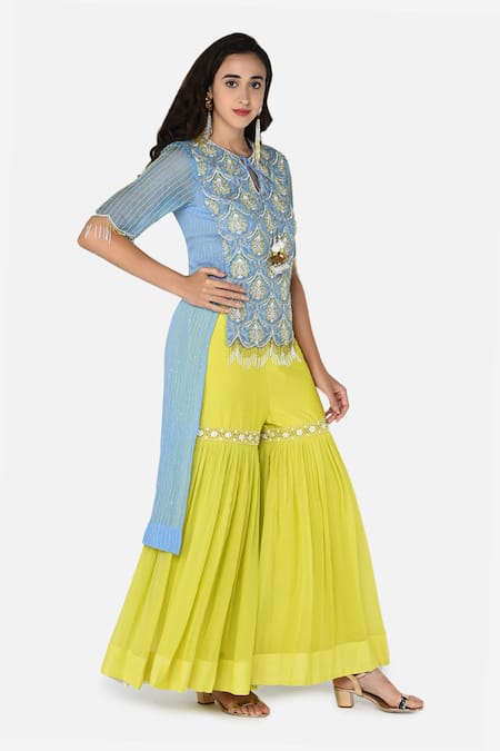 Keith Gomes_Blue Georgette Notched Embroidered Tunic Palazzo Set_Online_at_Aza_Fashions