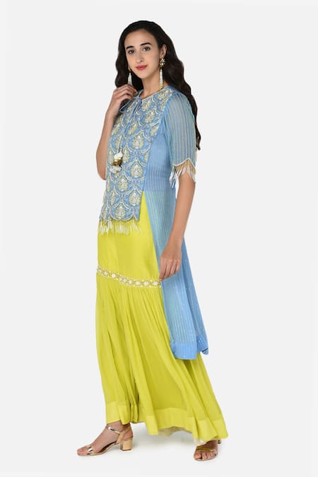 Buy_Keith Gomes_Blue Georgette Notched Embroidered Tunic Palazzo Set_Online_at_Aza_Fashions