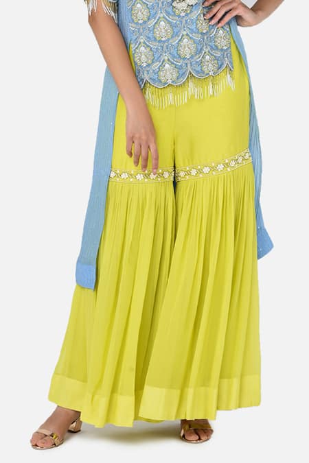 Shop_Keith Gomes_Blue Georgette Notched Embroidered Tunic Palazzo Set_Online_at_Aza_Fashions