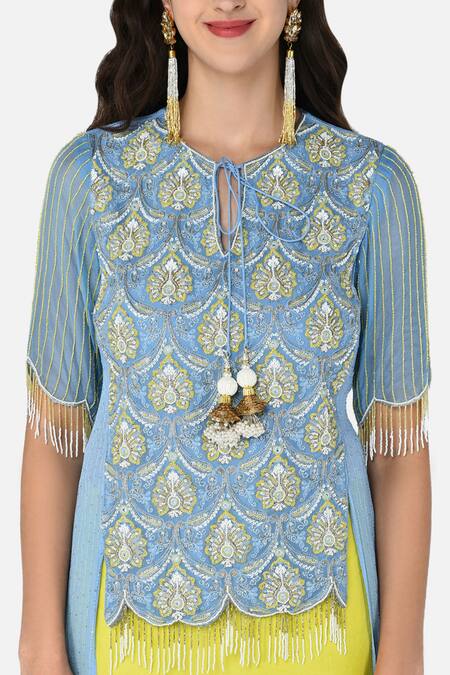 Keith Gomes_Blue Georgette Notched Embroidered Tunic Palazzo Set_at_Aza_Fashions