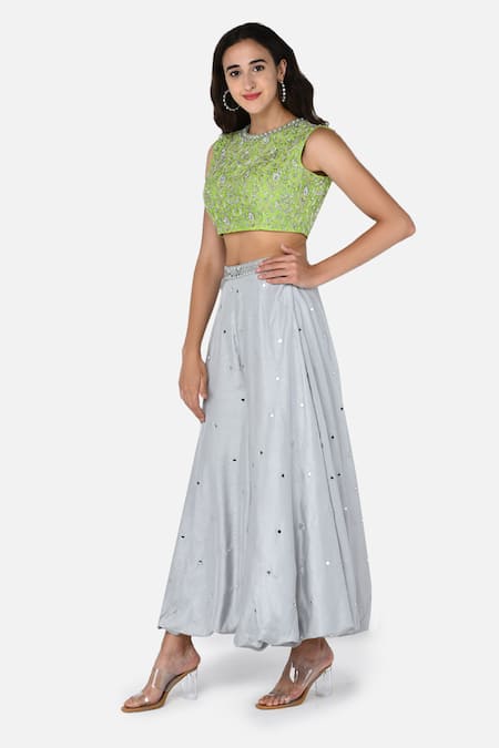 Keith Gomes_White Chanderi Silk Round Embroidered Crop Top And Palazzo Set_Online_at_Aza_Fashions
