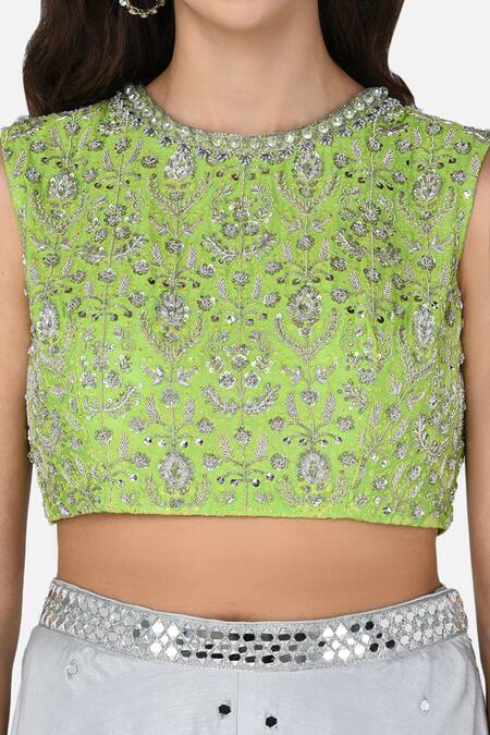 Keith Gomes_White Chanderi Silk Round Embroidered Crop Top And Palazzo Set_at_Aza_Fashions