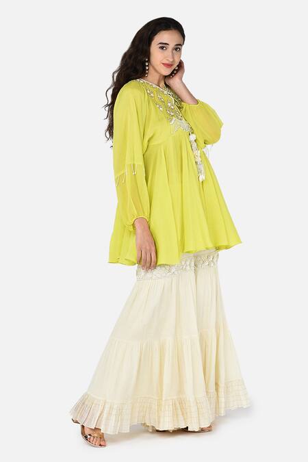 Keith Gomes White Cotton Chiffon Notched Hand Embroidered Tunic And Palazzo Set Online at Aza Fashions Keith Gomes_White Cotton Chiffon Notched Hand Embroidered Tunic And Palazzo Set _Online_at_Aza_Fashions