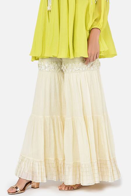 Shop Keith Gomes White Cotton Chiffon Notched Hand Embroidered Tunic And Palazzo Set Online at Aza Fashions Shop_Keith Gomes_White Cotton Chiffon Notched Hand Embroidered Tunic And Palazzo Set _Online_at_Aza_Fashions