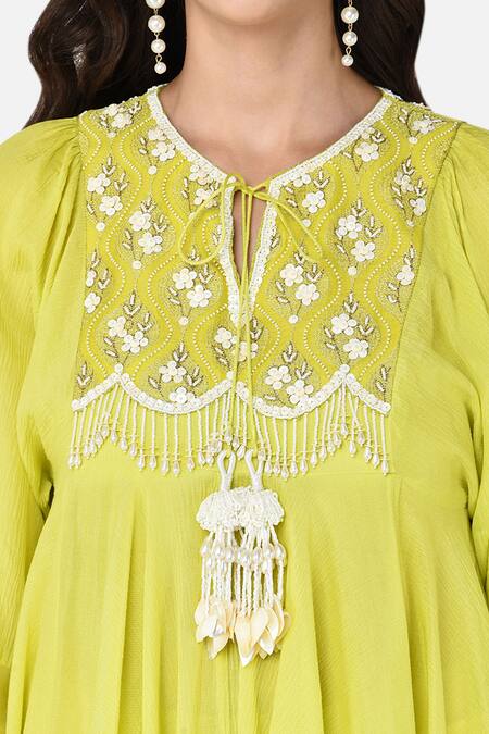 Keith Gomes White Cotton Chiffon Notched Hand Embroidered Tunic And Palazzo Set at Aza Fashions Keith Gomes_White Cotton Chiffon Notched Hand Embroidered Tunic And Palazzo Set _at_Aza_Fashions