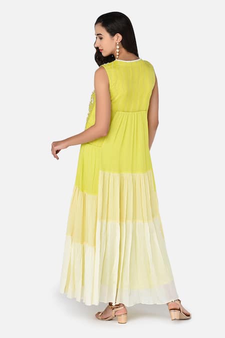 Shop Keith Gomes Green Cotton Chiffon Notched Embroidered Tiered Dress at Aza Fashions Shop_Keith Gomes_Green Cotton Chiffon Notched Embroidered Tiered Dress _at_Aza_Fashions