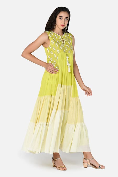 Keith Gomes Green Cotton Chiffon Notched Embroidered Tiered Dress Online at Aza Fashions Keith Gomes_Green Cotton Chiffon Notched Embroidered Tiered Dress _Online_at_Aza_Fashions