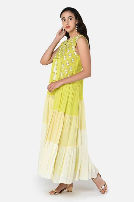 Buy Keith Gomes Green Cotton Chiffon Notched Embroidered Tiered Dress Online at Aza Fashions Buy_Keith Gomes_Green Cotton Chiffon Notched Embroidered Tiered Dress _Online_at_Aza_Fashions