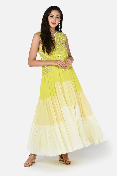 Shop Keith Gomes Green Cotton Chiffon Notched Embroidered Tiered Dress Online at Aza Fashions Shop_Keith Gomes_Green Cotton Chiffon Notched Embroidered Tiered Dress _Online_at_Aza_Fashions