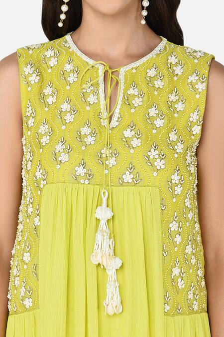 Keith Gomes Green Cotton Chiffon Notched Embroidered Tiered Dress at Aza Fashions Keith Gomes_Green Cotton Chiffon Notched Embroidered Tiered Dress _at_Aza_Fashions