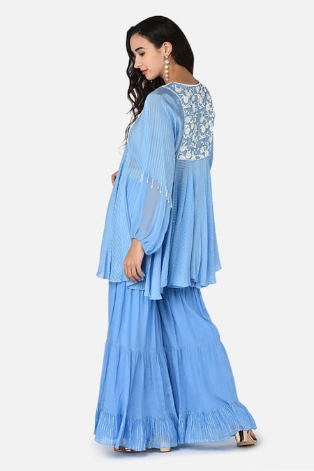 Shop Keith Gomes Blue Georgette, Chinon Notched Embroidered Tunic And Palazzo Set at Aza Fashions Shop_Keith Gomes_Blue Georgette, Chinon Notched Embroidered Tunic And Palazzo Set _at_Aza_Fashions