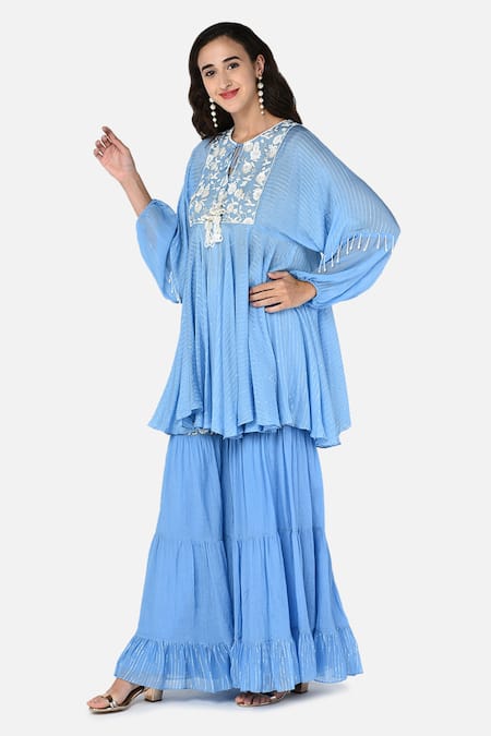 Buy Keith Gomes Blue Georgette, Chinon Notched Embroidered Tunic And Palazzo Set Online at Aza Fashions Buy_Keith Gomes_Blue Georgette, Chinon Notched Embroidered Tunic And Palazzo Set _Online_at_Aza_Fashions