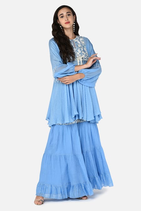 Shop Keith Gomes Blue Georgette, Chinon Notched Embroidered Tunic And Palazzo Set Online at Aza Fashions Shop_Keith Gomes_Blue Georgette, Chinon Notched Embroidered Tunic And Palazzo Set _Online_at_Aza_Fashions