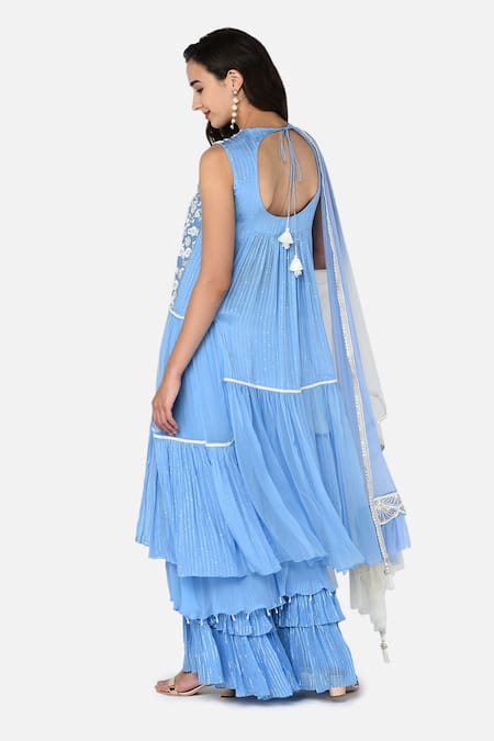 Shop Keith Gomes Blue Chiffon, Georgette, Chinon Notched Embroidered Kurta Palazzo Set at Aza Fashions Shop_Keith Gomes_Blue Chiffon, Georgette, Chinon Notched Embroidered Kurta Palazzo Set _at_Aza_Fashions