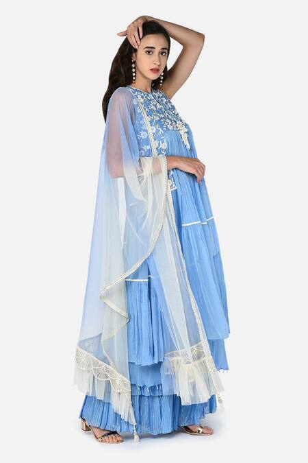 Keith Gomes Blue Chiffon, Georgette, Chinon Notched Embroidered Kurta Palazzo Set Online at Aza Fashions Keith Gomes_Blue Chiffon, Georgette, Chinon Notched Embroidered Kurta Palazzo Set _Online_at_Aza_Fashions