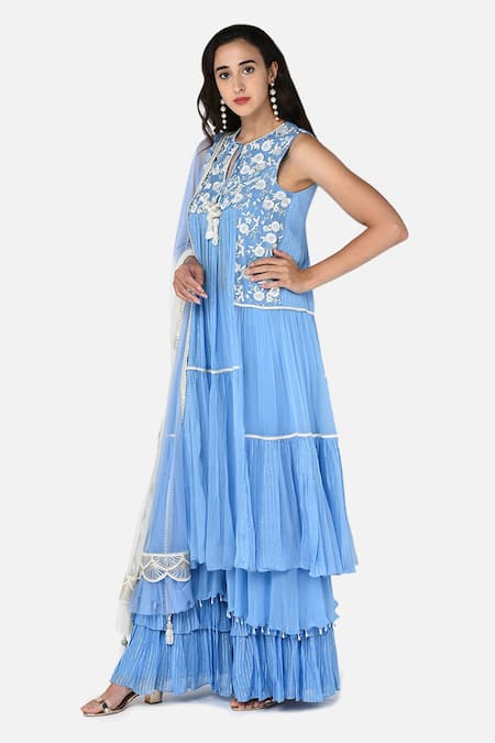 Buy Keith Gomes Blue Chiffon, Georgette, Chinon Notched Embroidered Kurta Palazzo Set Online at Aza Fashions Buy_Keith Gomes_Blue Chiffon, Georgette, Chinon Notched Embroidered Kurta Palazzo Set _Online_at_Aza_Fashions