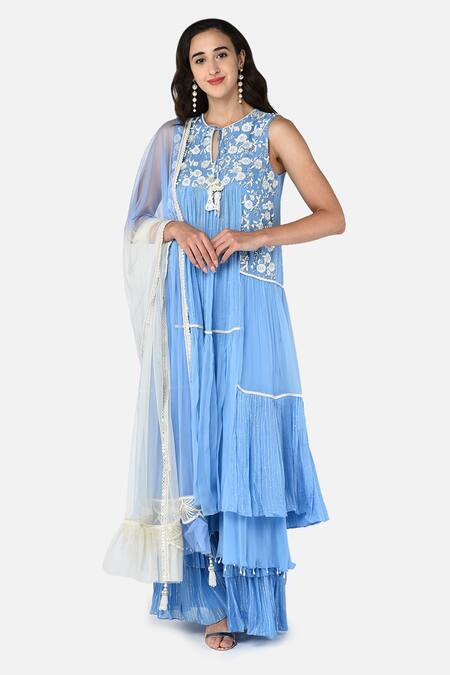 Shop Keith Gomes Blue Chiffon, Georgette, Chinon Notched Embroidered Kurta Palazzo Set Online at Aza Fashions Shop_Keith Gomes_Blue Chiffon, Georgette, Chinon Notched Embroidered Kurta Palazzo Set _Online_at_Aza_Fashions
