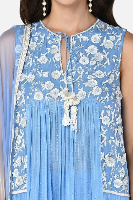 Keith Gomes Blue Chiffon, Georgette, Chinon Notched Embroidered Kurta Palazzo Set at Aza Fashions Keith Gomes_Blue Chiffon, Georgette, Chinon Notched Embroidered Kurta Palazzo Set _at_Aza_Fashions