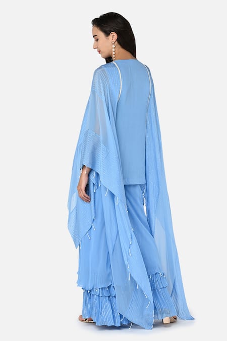 Shop Keith Gomes Blue Georgette Notched Embroidered Kurta Palazzo Set at Aza Fashions Shop_Keith Gomes_Blue Georgette Notched Embroidered Kurta Palazzo Set _at_Aza_Fashions
