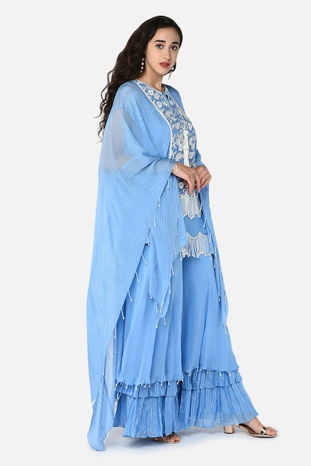 Keith Gomes Blue Georgette Notched Embroidered Kurta Palazzo Set Online at Aza Fashions Keith Gomes_Blue Georgette Notched Embroidered Kurta Palazzo Set _Online_at_Aza_Fashions