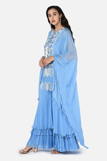 Buy Keith Gomes Blue Georgette Notched Embroidered Kurta Palazzo Set Online at Aza Fashions Buy_Keith Gomes_Blue Georgette Notched Embroidered Kurta Palazzo Set _Online_at_Aza_Fashions