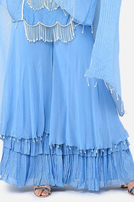 Shop Keith Gomes Blue Georgette Notched Embroidered Kurta Palazzo Set Online at Aza Fashions Shop_Keith Gomes_Blue Georgette Notched Embroidered Kurta Palazzo Set _Online_at_Aza_Fashions