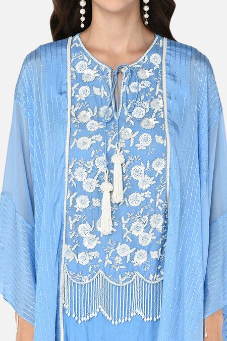 Keith Gomes Blue Georgette Notched Embroidered Kurta Palazzo Set at Aza Fashions Keith Gomes_Blue Georgette Notched Embroidered Kurta Palazzo Set _at_Aza_Fashions