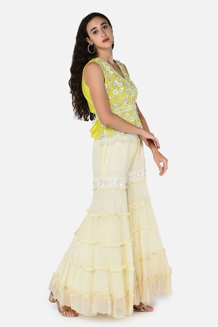 Keith Gomes_White Georgette, Chanderi Silk V Neck Embroidered Tunic And Sharara Set_Online_at_Aza_Fashions