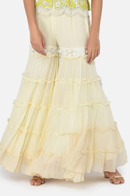 Shop_Keith Gomes_White Georgette, Chanderi Silk V Neck Embroidered Tunic And Sharara Set_Online_at_Aza_Fashions