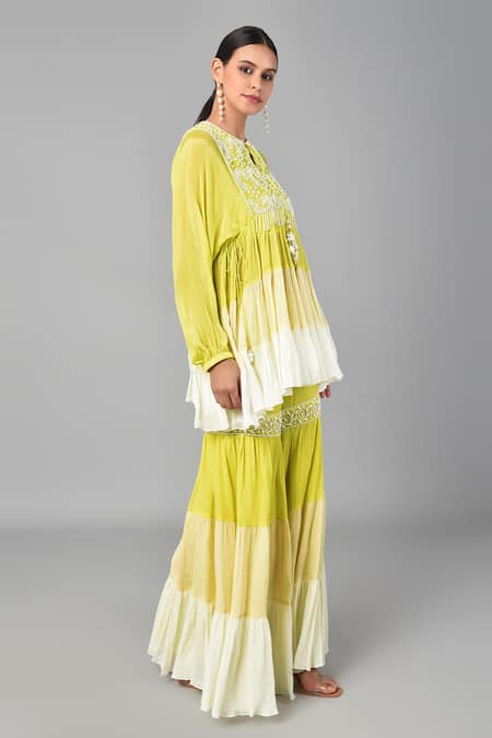 Keith Gomes_Green Chiffon Crepe Bugle And Round Embellished Tunic With Sharara_Online_at_Aza_Fashions