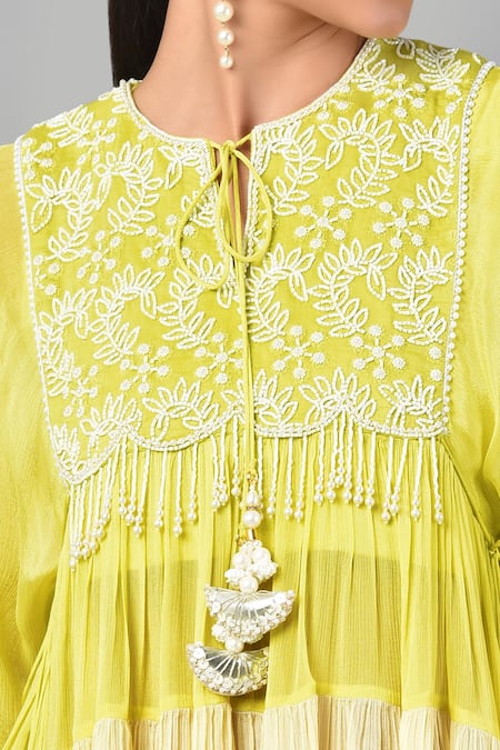 Shop_Keith Gomes_Green Chiffon Crepe Bugle And Round Embellished Tunic With Sharara_Online_at_Aza_Fashions