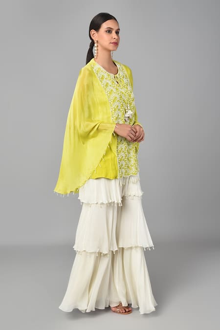 Keith Gomes_Green Chiffon Crepe And Georgette Bugle Beads & Embellished Tunic & Palazzo Set_Online_at_Aza_Fashions