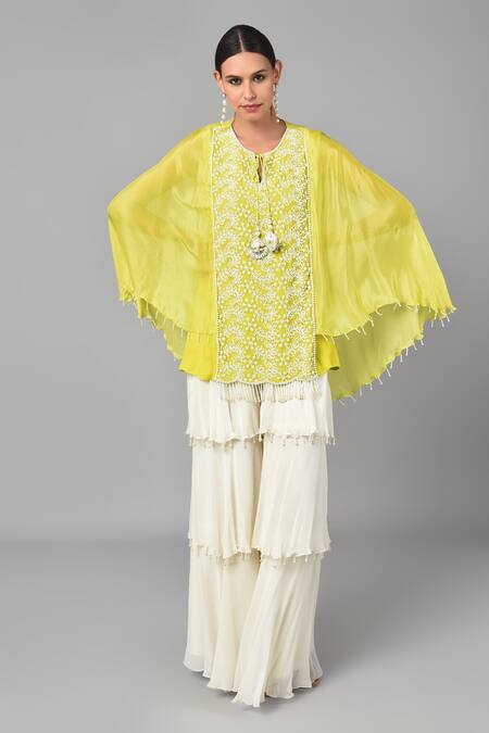 Buy_Keith Gomes_Green Chiffon Crepe And Georgette Bugle Beads & Embellished Tunic & Palazzo Set_Online_at_Aza_Fashions