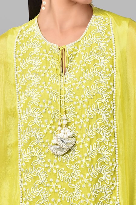 Shop_Keith Gomes_Green Chiffon Crepe And Georgette Bugle Beads & Embellished Tunic & Palazzo Set_Online_at_Aza_Fashions